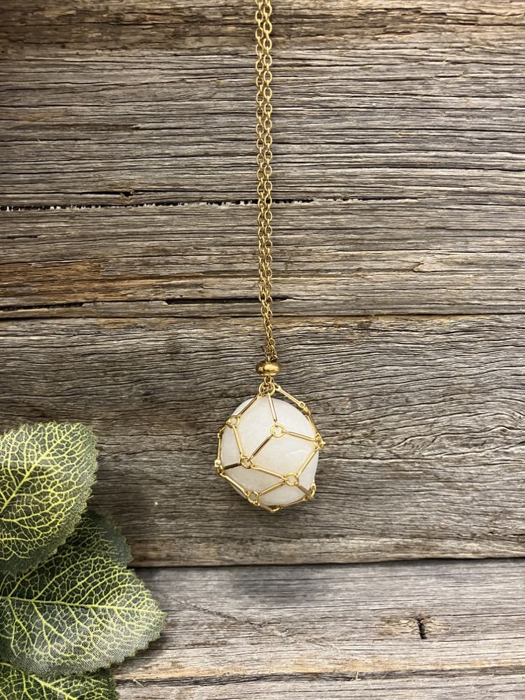 Crystal Cage Drop Necklace Gold chain milky quartz