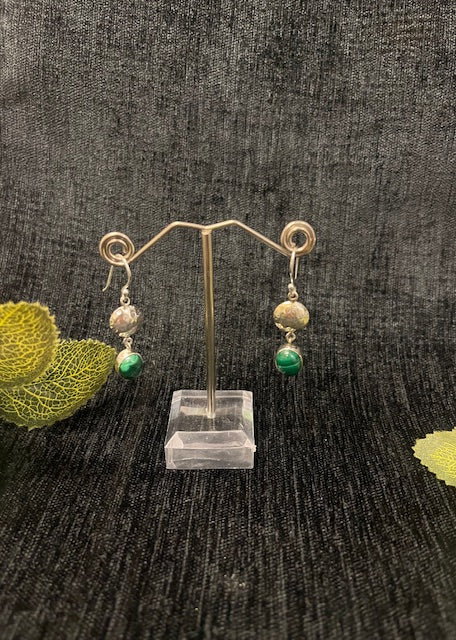 Malachite round drop earrings - silver