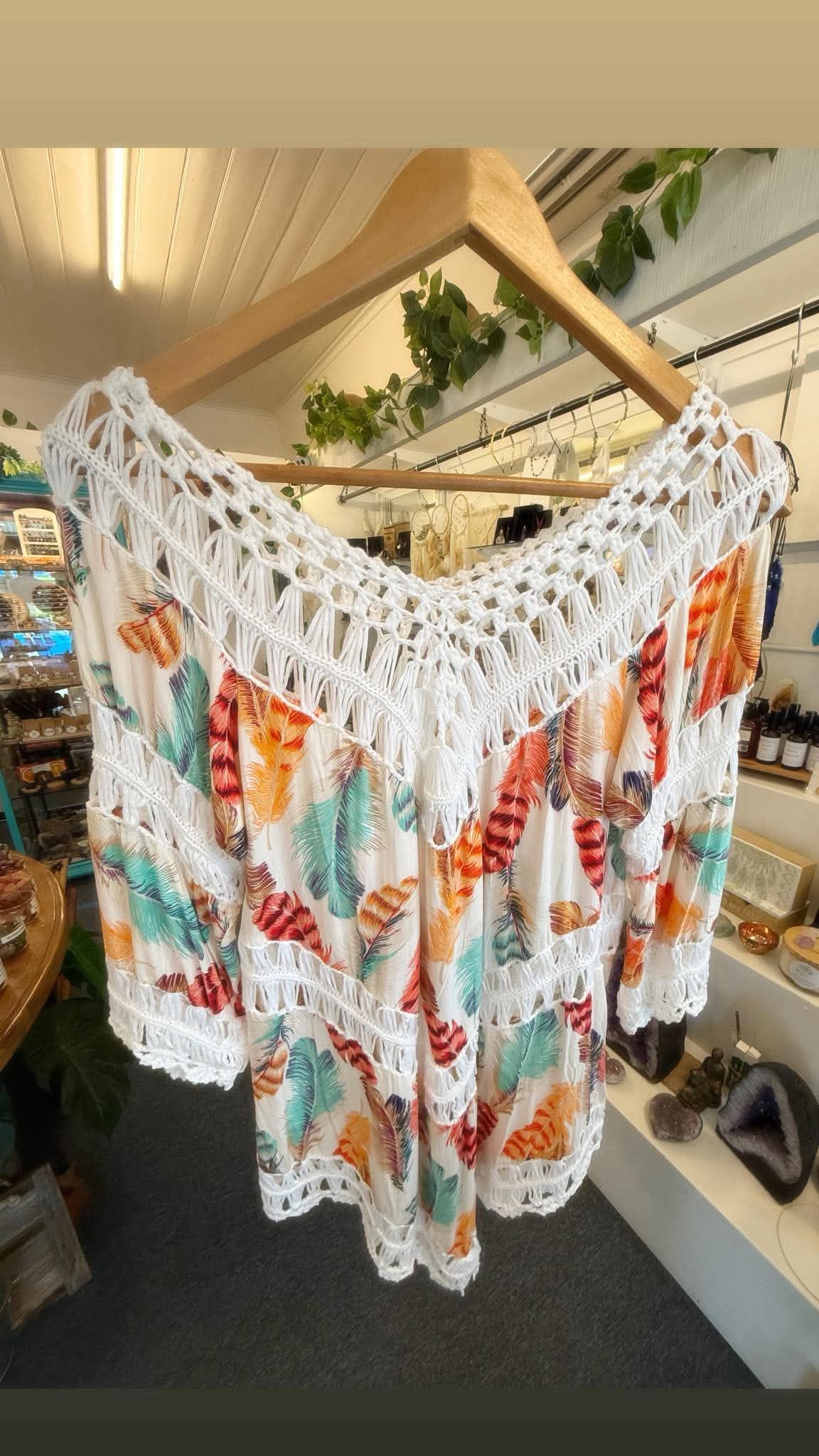 Feather Pattern Boho Top - Orange Tones