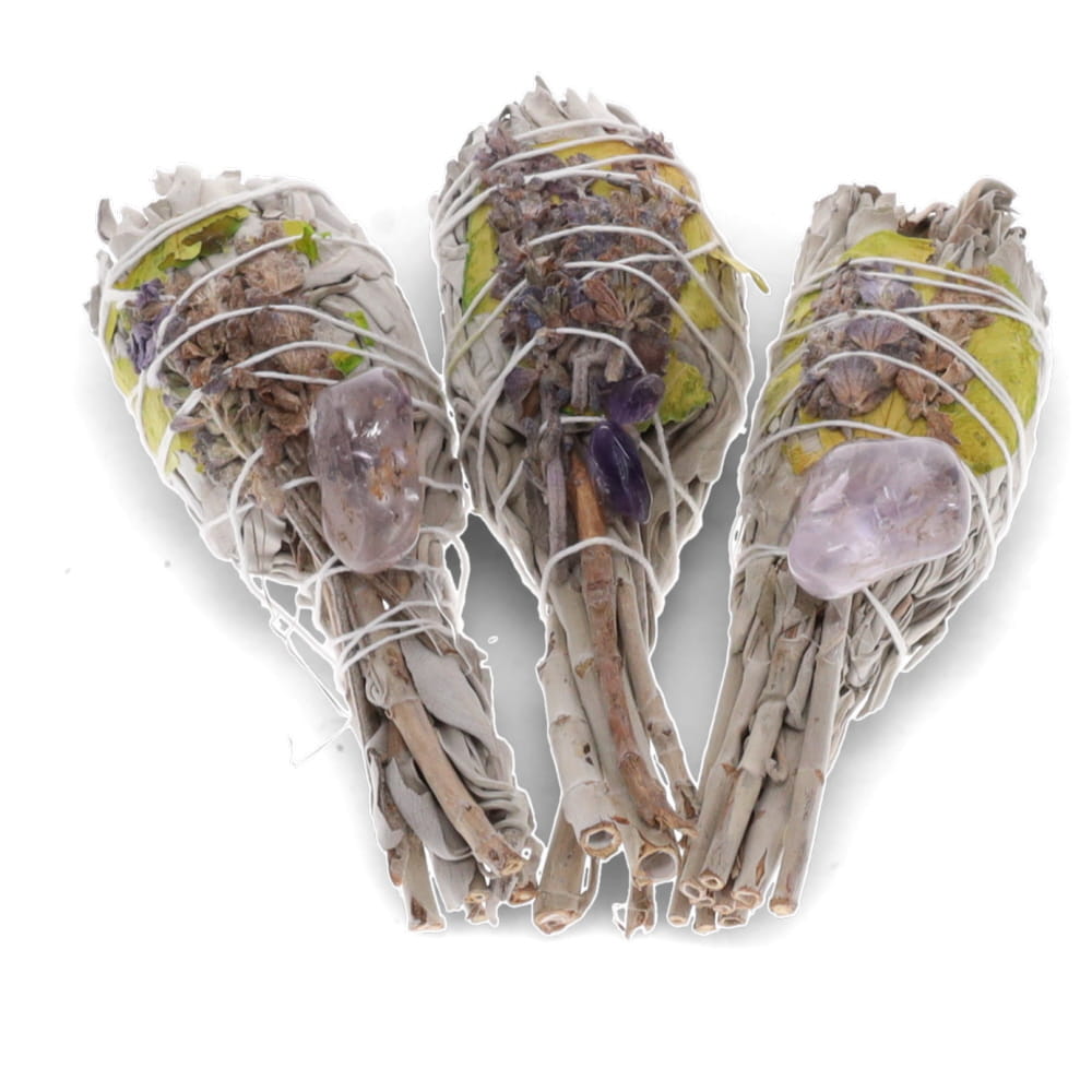 White Sage Torch with Lavender, Rose petals and amethyst
