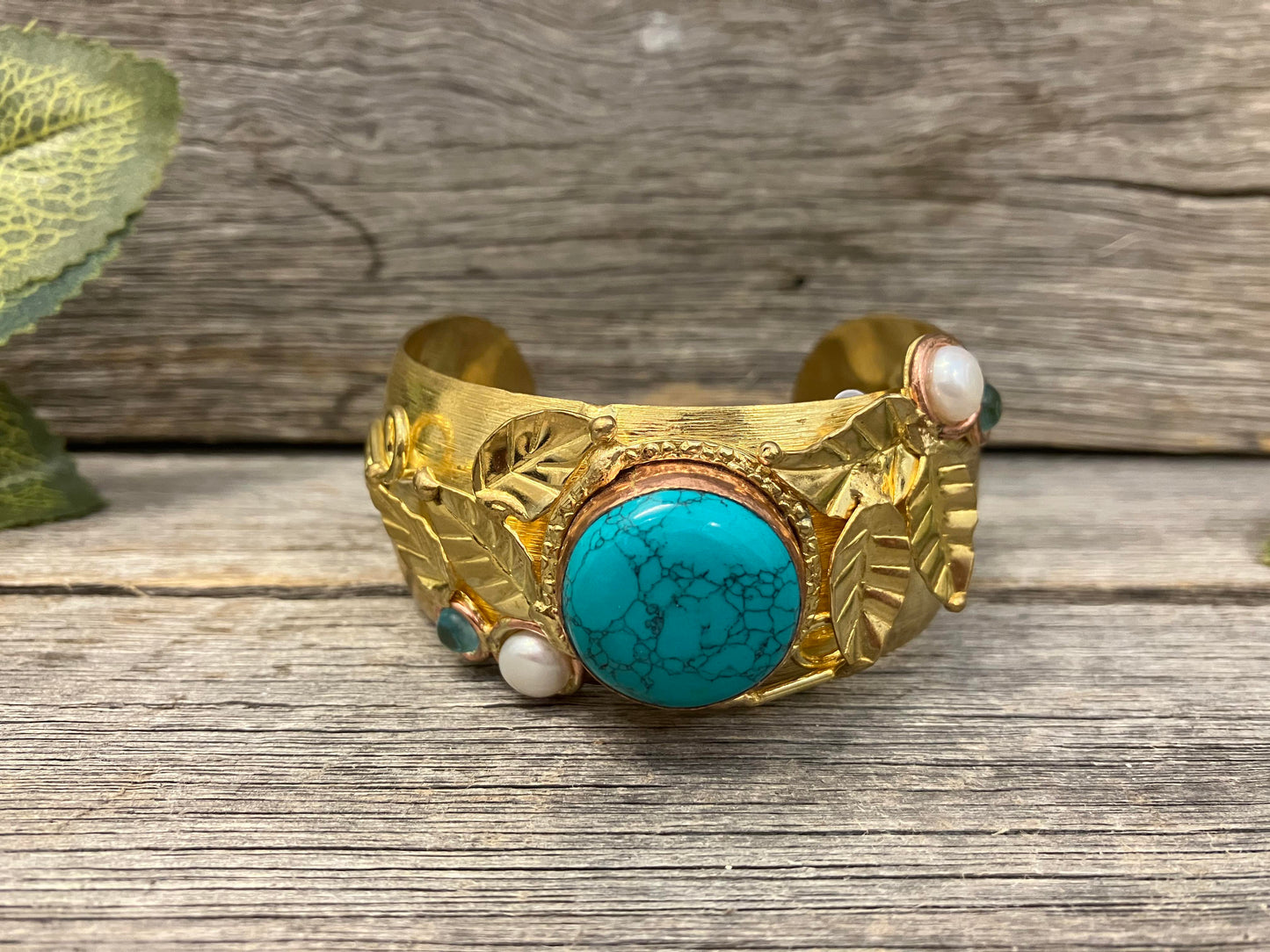 Brass Peridot, Turquoise, Pearl cuff