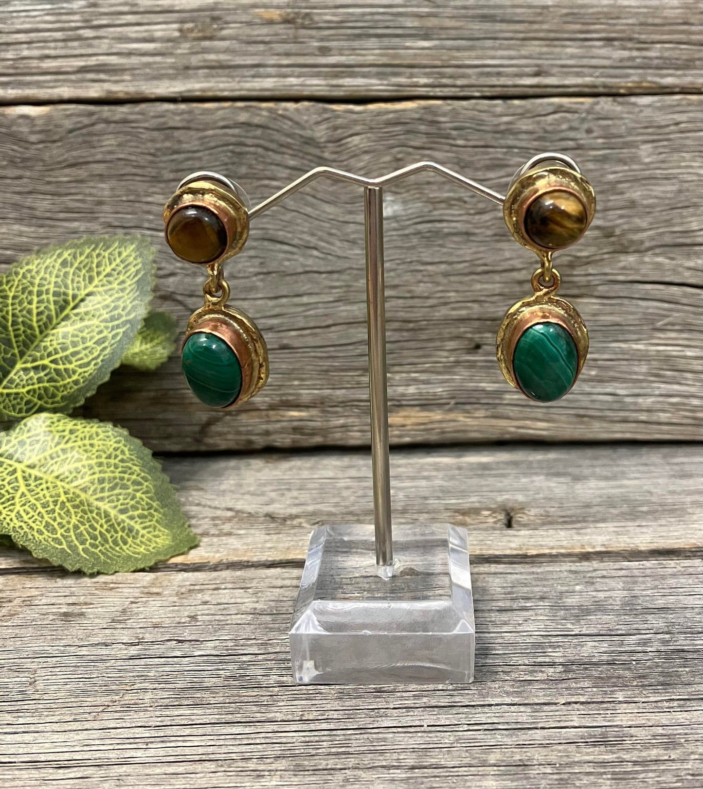 Tigers eye & malachite oval drop earrings