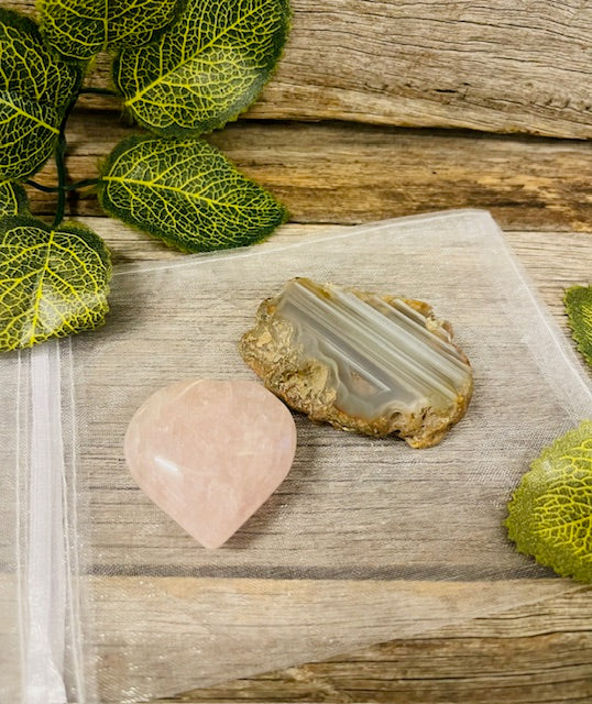 Bundle - Agate slice & rose quartz heart