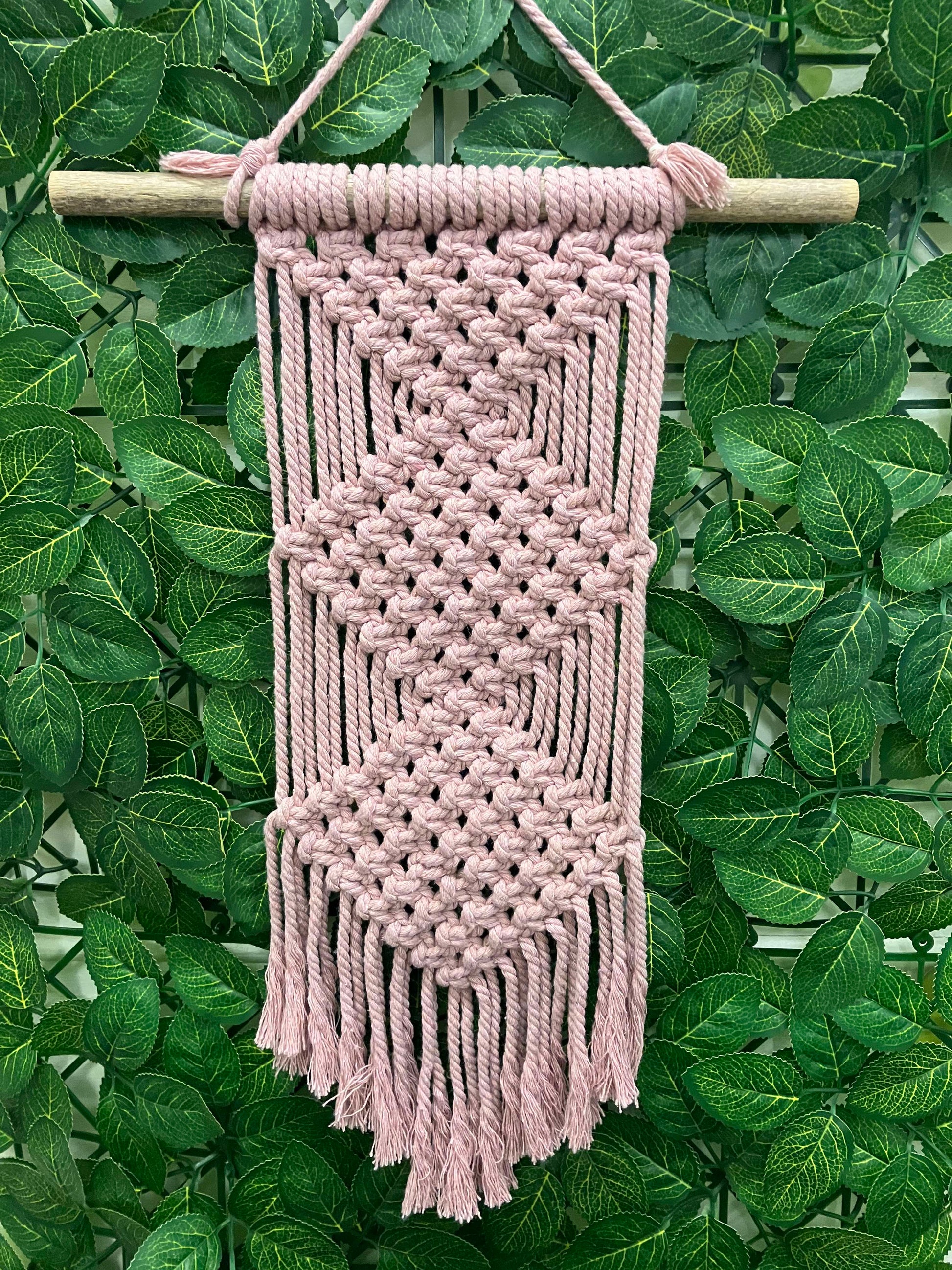 pink macrame wall hanger on lush green leaves 