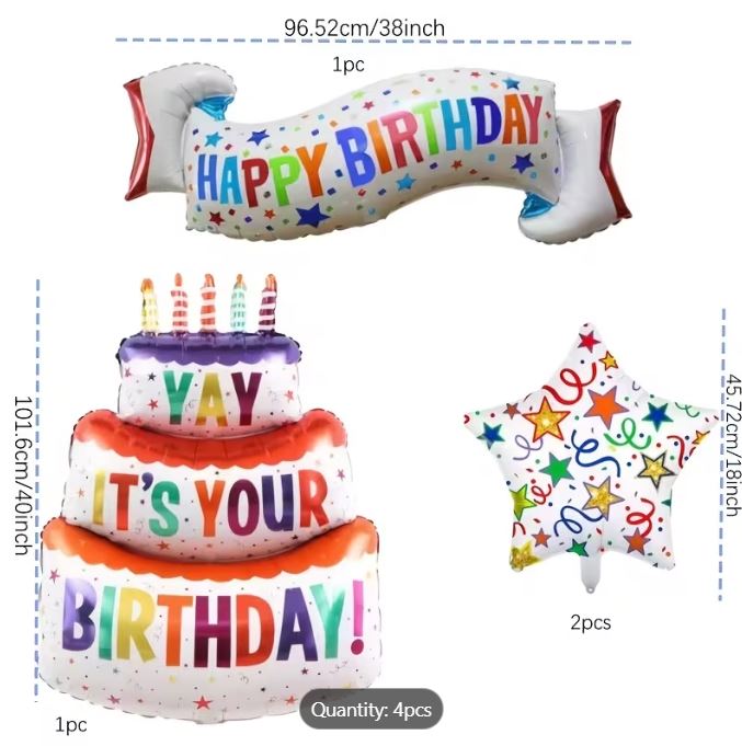 Happy Birthday Balloon Set - Banner, Cake and Stars
