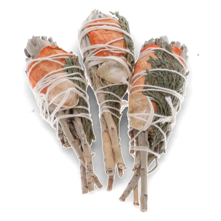White Sage Torch with mitron leaves, rose petals, and citrine