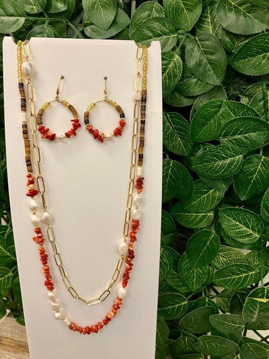 Coral - Agate - Gold Necklace & Earrings Set